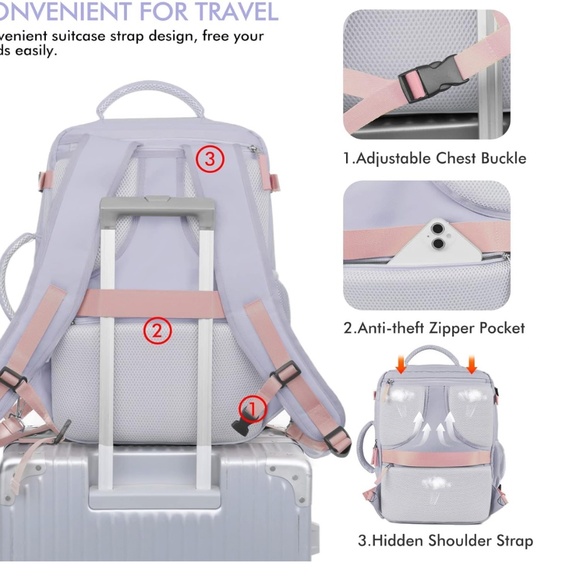 carry on travel purple and pink backpack - Picture 3 of 4